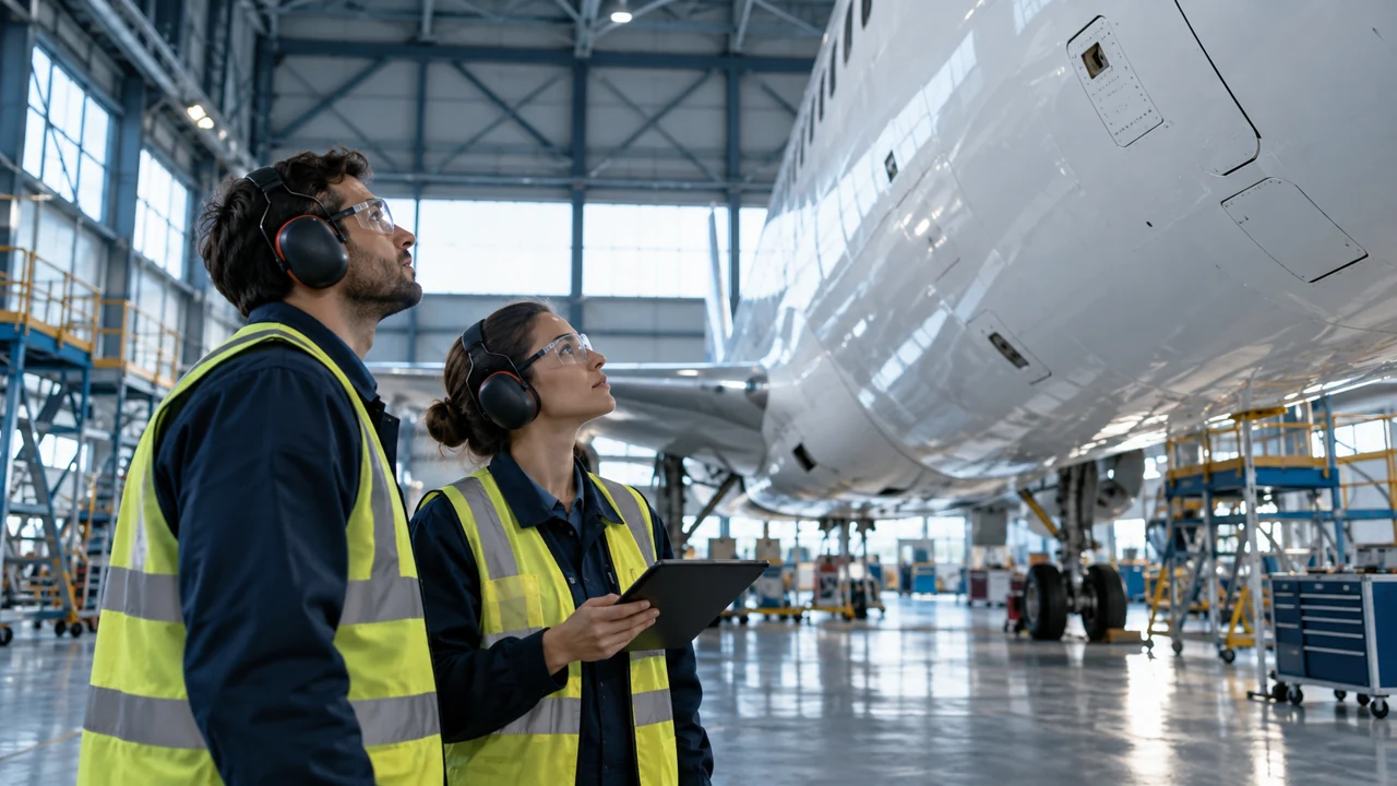 Equipo técnico y aeronave en un hangar