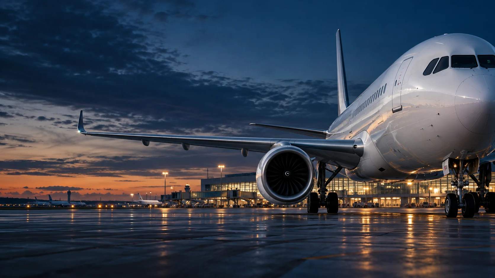 Aeronave comercial en plataforma al atardecer